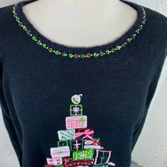Vintage Tiara International XL colorful black Christmas sweater - Picture 2 of 6
